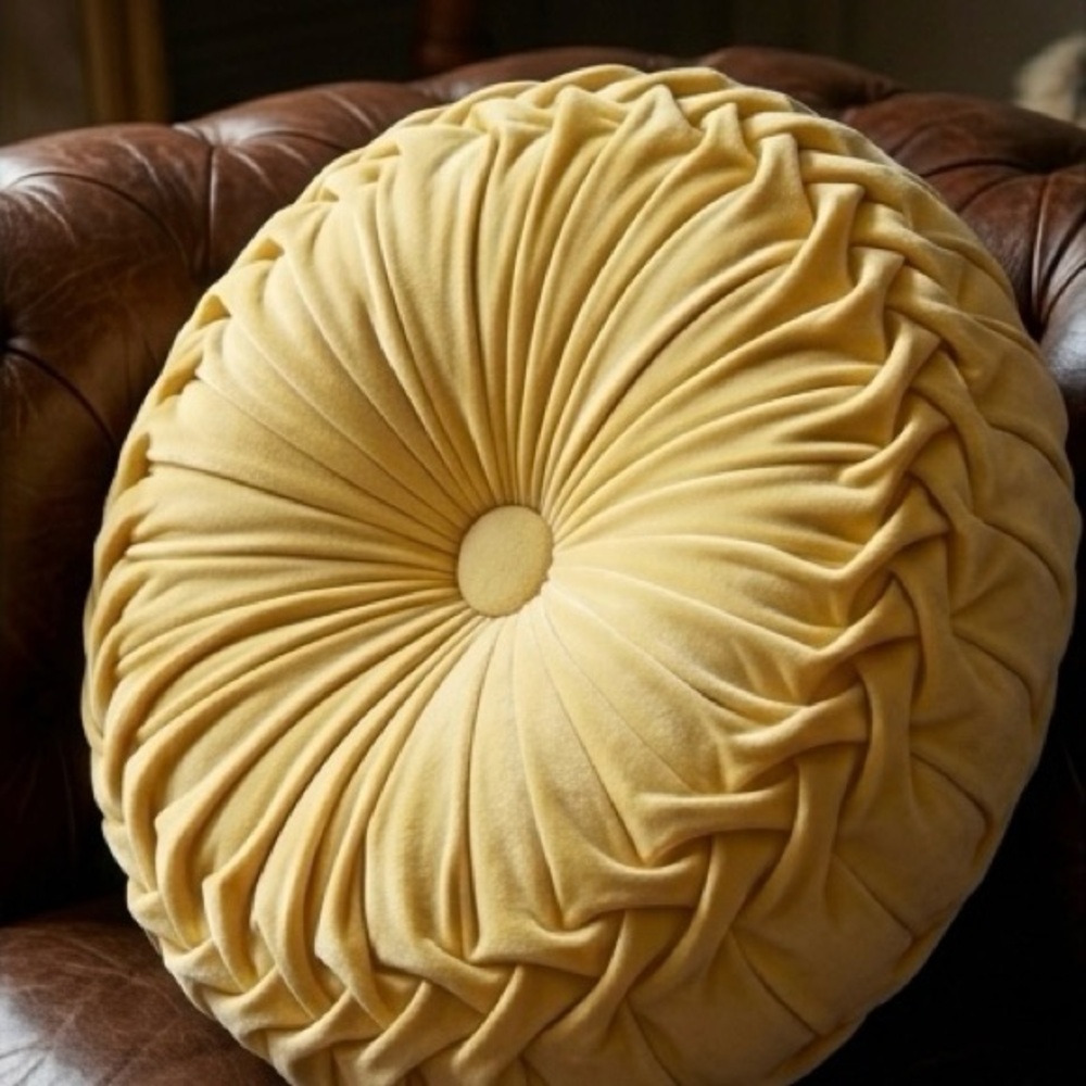 Vintage MCM Style Hand-Pleated 14” Round Velvet Pillow - Pale Yellow